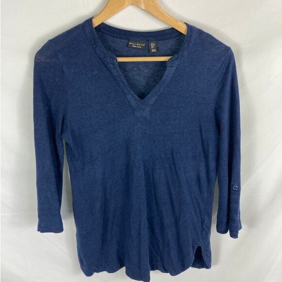 Willi Smith Linen 3/4 Sleeve V Neck Top Blue Size Small - Picture 1 of 4